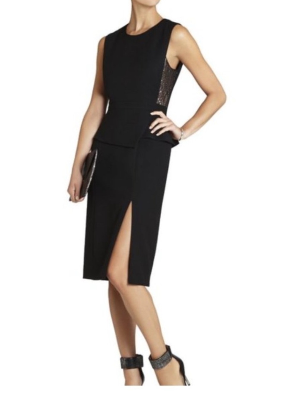 BCBGMaxAzria megean Black Sleeveless Peplum Sheath Dress with Side Slit